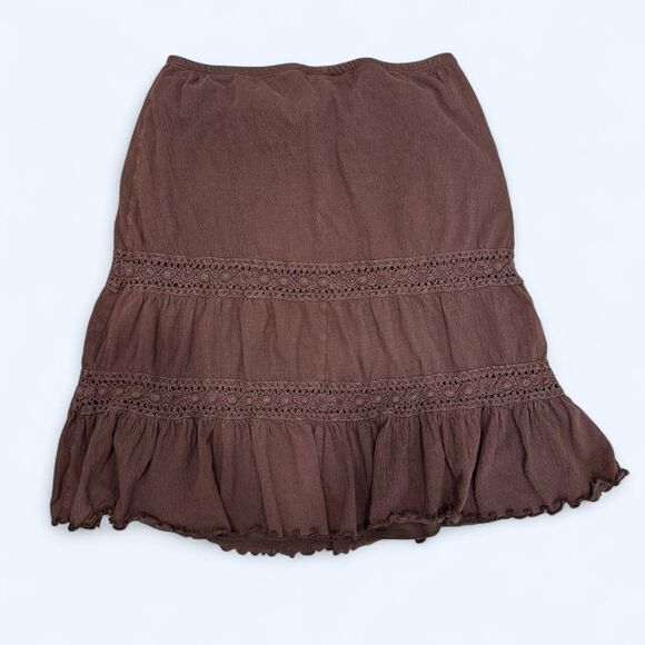 Y2K Fairycore Brown Boho Peasant Skirt Tiered Ruffle Hem Crochet Trim - Picture 3 of 7
